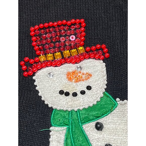 Design Originals Joy Sequin Beaded Snowman Full Zip Black Sweater Cardigan XL - Picture 2 of 11